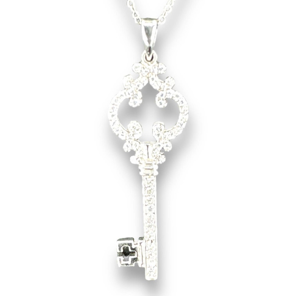 Sterling Silver Key Pendant Accented with Rhinestones Chain Link Necklace 17”